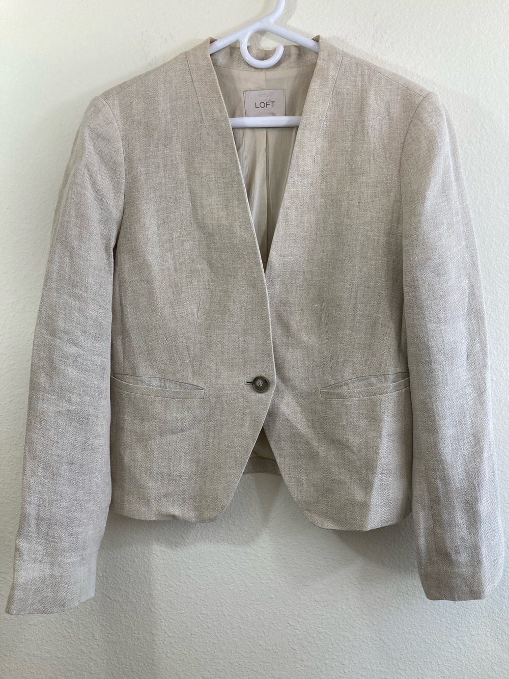 LOFT One Button Herringbone Blazer Size 8 Beige Linen Color Jacket - Picture 1 of 16
